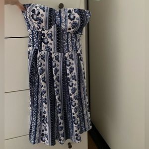 Blue and White Strapless BoHo Dress